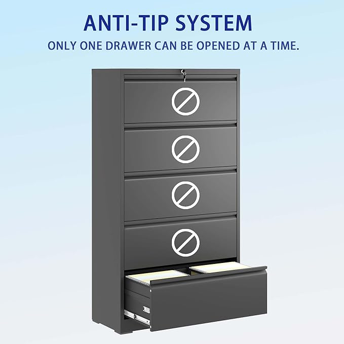 5 Drawer Lateral File Cabinet with Lock for Home Office Metal Filing Cabinet with Adjustable Hanging Rails Horizontal Filing Organization Storage Cabinet for Letter/Legal/A4/F4 Size Balck
