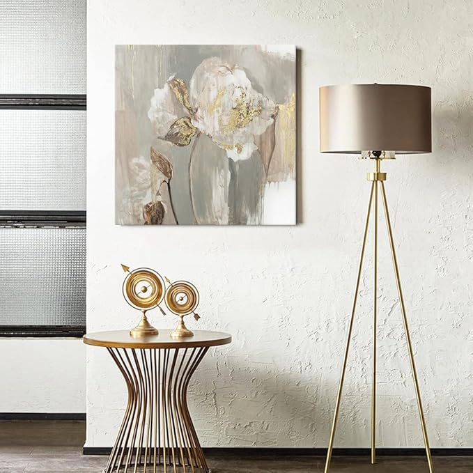 Goldfoilart Floral Wall Art Gold Pictures White Flower Canvas with Gold Foil Embellishment Paintings Textured Poster Framed Artwork for Living Room Bedroom Office Decorations 24" x 24"