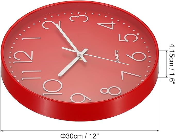 PATIKIL 12 Inch Wall Clock, Battery Operated Silent Non-Ticking Round Wall Clocks for Office Bedroom Decorative, Red