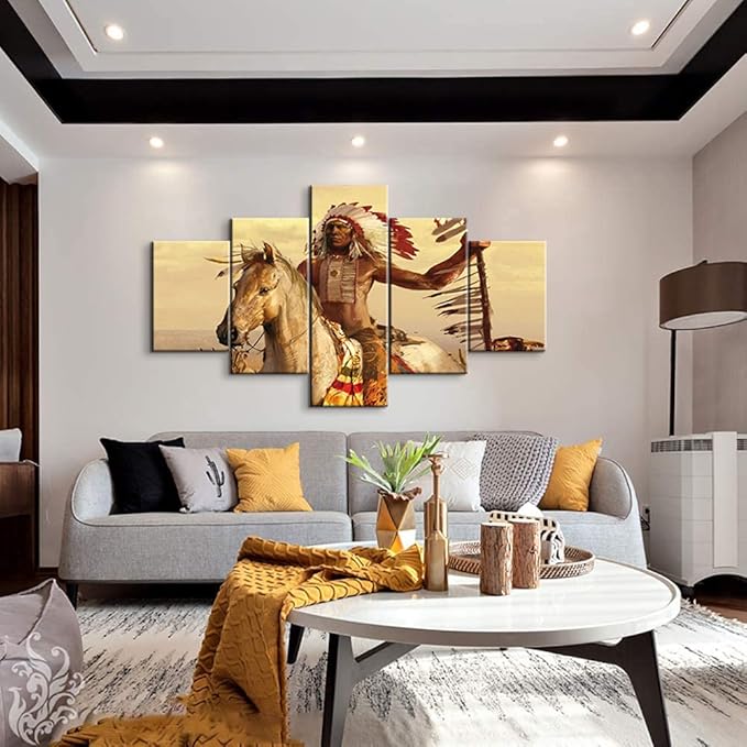 YOUHONG Native American Wall Art | Chief with Horse Design | 5-Panel Set with High-Definition Printing, Ready to Hang for Indian Home Decor, Native American Wall Decor, Size 70''W x 40''H