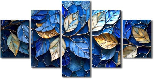 Abstract Canvas Art 5 Panel Home Wall Decor Blue and Golden Leaves Painting Prints on Canvas for Abstract Enthusiasts Living Room Office Wall Decoration Stretched and Framed Ready to Hang 60x32 in