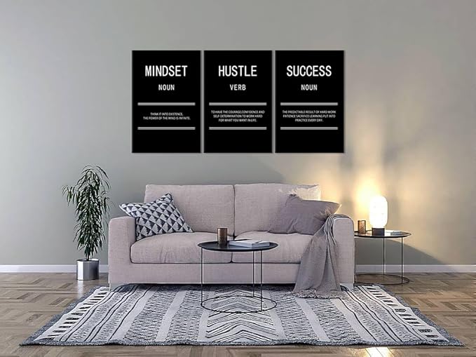 Hustle Mindset Success Motivational Canvas Wall Art for Office 3 Panel Print Inspirational Poster Painting Modern Inspiring Artwork for Home Living Room Gym Decor Ready to Hang [72''Wx 36''H]