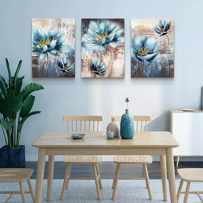 Lapremoly Large Size Canvas Wall Art For Living Room Family Wall Decor For Bedroom Abstract Blue Flowers Paintings Office Decor Modern Wall Decorations For Kitchen Pictures Artwork 20" X 28" 3 Piece