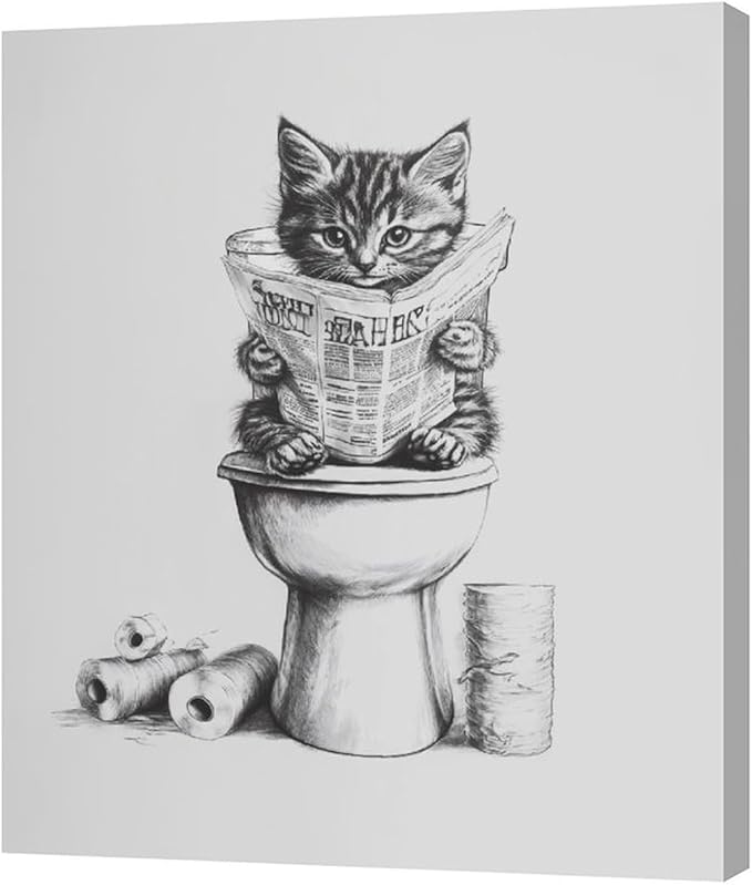 Cat Bathroom Wall Art Black and White Cat Pictures Wall Decor Funny Animal Canvas Painting Print Modern Home Decoration Artwork Framed 20"x24"