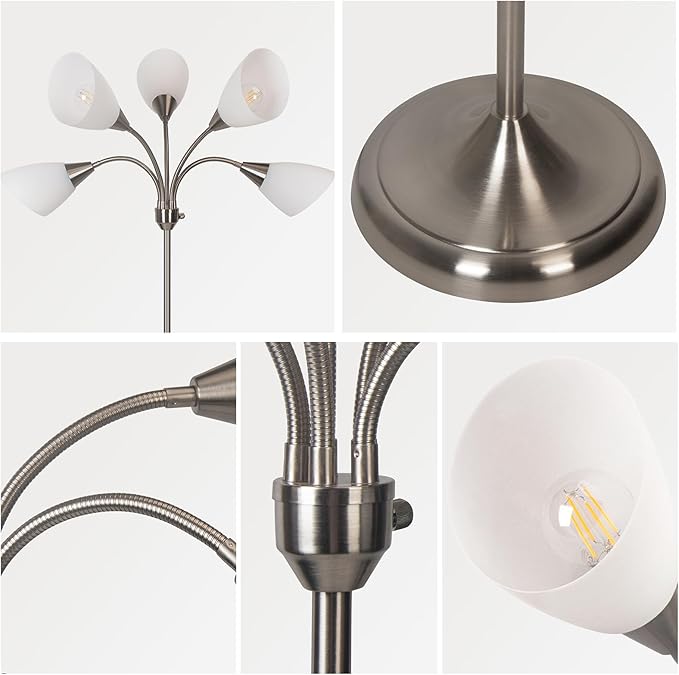 HonoDing Medusa Floor Lamp Standing Lamp 5 Heads Adjustable Reading Light Large Shade Use E26 A19 Bulb for Living Room Bedroom Satin Nickel