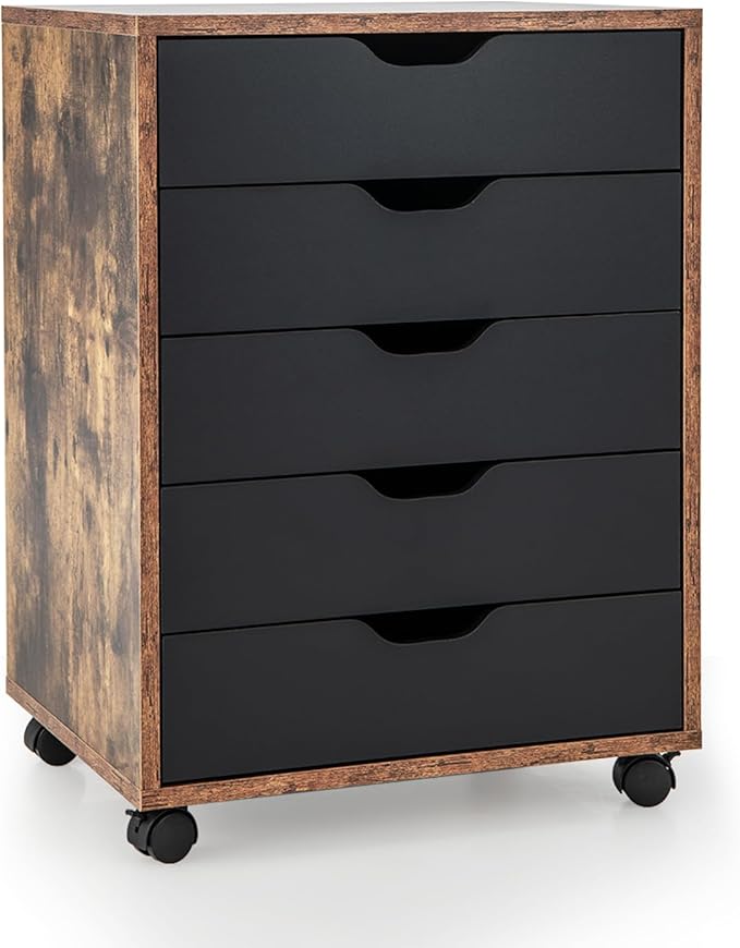 5 Drawer File Cabinet, 26.5" Vertical Filling Cabinet for Home Office, Under Desk Office Drawer Organizer, Universal & Lockable Casters, Rolling Printer Storage Rack