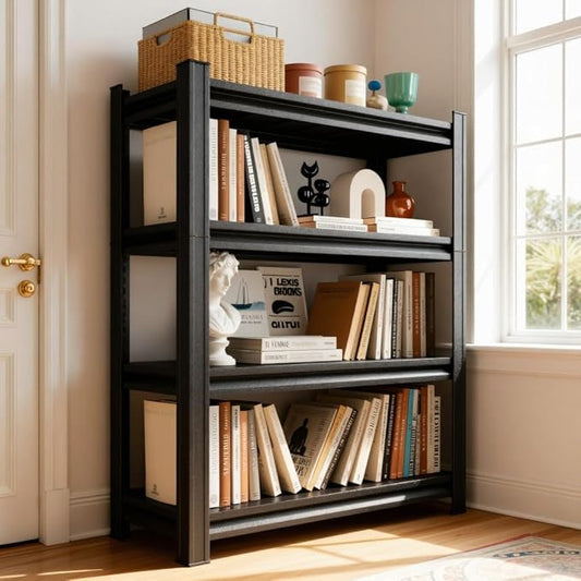 Industrial Metal Book Organizer 4 Tier Adjustable Shelf Unit - Black, Small Space Bookcase for Bedroom, Living Room, Kitchen, Balcony