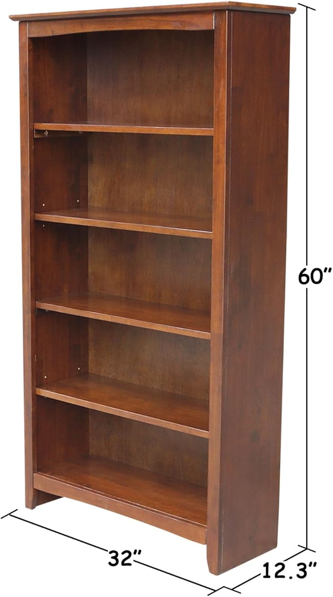 International Concepts, Solid Wood Bookcase 60" High, Adjustable Shelves, Solid, Sturdy Parawood Construction, Eco Friendly, Easy Assembly, Kitchen/Dining Furniture, Espresso
