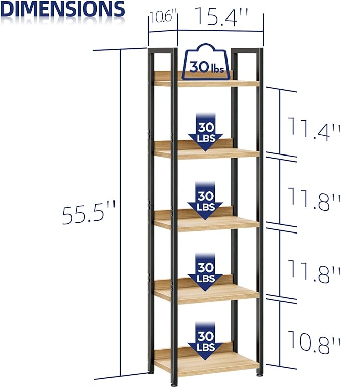 NUMENN Narrow Bookshelf, 5 Tier Bookshelves, Home Office Bookcase Shelf Storage Organizer, Free Standing Storage Shelving Unit for Bedroom, Living Room and Home Office, Natural