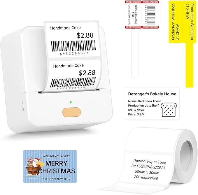 Label Maker Machine with Tape P1 2 Inch Thermal Portable Bluetooth Shipping Label Printer Sticker Maker Labeling Machine Home Office School Business Use Rechargeable Battery Included White