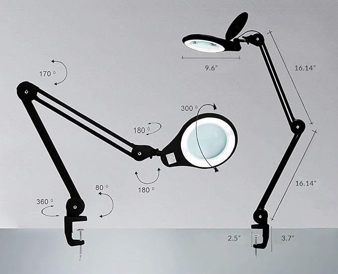 Neatfi LED Magnifying Lamp 1,200 Lumens with Clamp – 5” 8-Diopter Glass Lens, Dimmable Task Light | Adjustable Arm | Reading, Sewing & Crafting (Black, 8 Diopter)