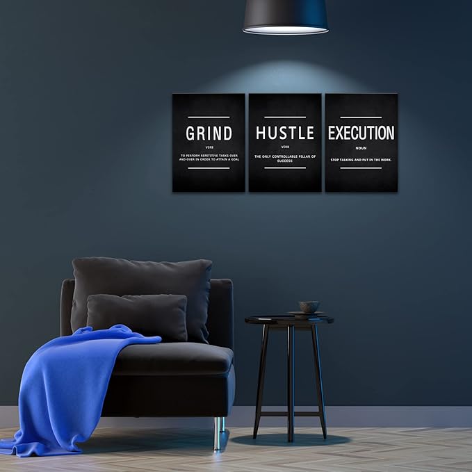 BWSPACE Grind Hustle Execution Wall Art Motivational Wall Decor Office Wall Decor Pictures Posters 3 Pieces Framed Canvas Wall Prints Artwork Home Gym Ready to Hang (48" W x 24" H, GRIND)