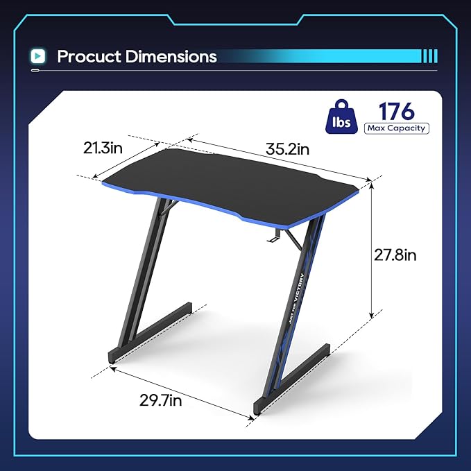 BestOffice Gmaing Desk 35 in PC Computer Desk Z Shaped Gaming Workstation Ergonomic Gaming Table with Headphone Hook for Home Office,Black&Blue