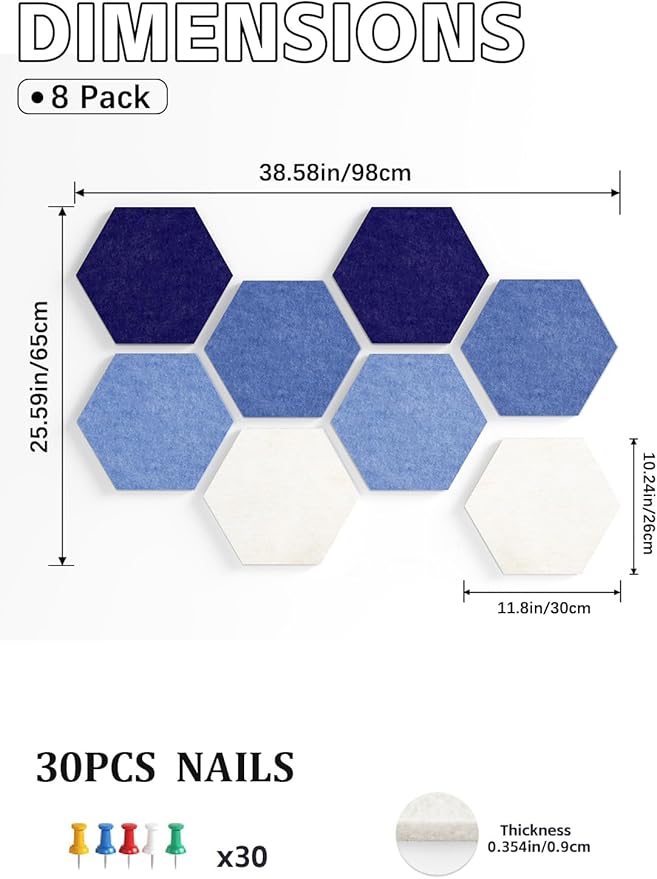 8 Pack Hexagon Felt Bulletin Board Tiles - 11.8" Large Thick Pin Board for Walls with 30 Push Pins, DIY Boards for Office Home School Decor, Aesthetic Hex Cork Board Alternative