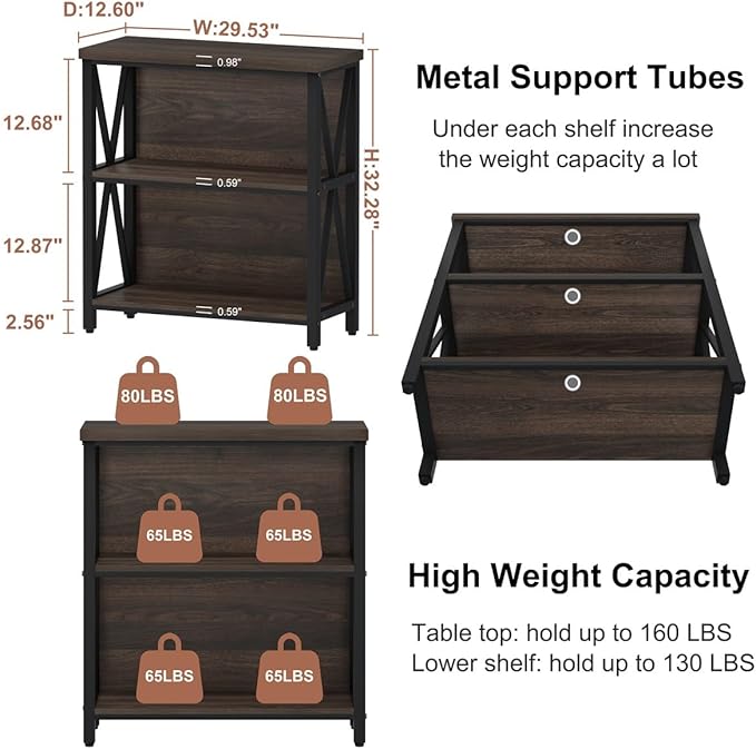 FATORRI Small Bookshelf, 3 Shelf Bookcase for Living Room, Low Short Bookshelf, Industrial Wood Book Shelf and Rustic Book Case for Small Space, Home Office (Dark Walnut)