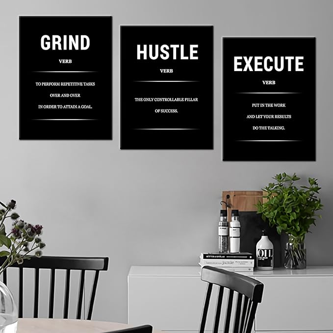 Motivational Canvas Office 3 Panel Print Wall Art Grind Hustle Success Inspirational Wall Decor Encouraging Quotes Poster Painting for Home Bedroom Gym Picture Stretched and Framed [36''W x 16''H]
