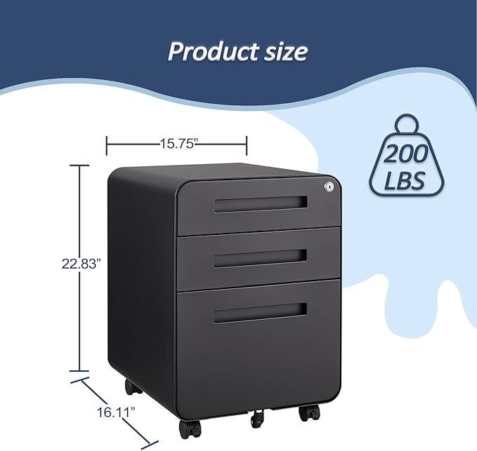 3 Drawer Mobile File Cabinet with Lock, Under Desk Storage Filing Cabinet for Home Office, Small Rolling File Cabinet for Legal, Letter and A4 Files (Black2)