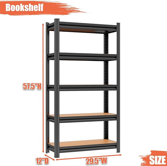 30"W Steel and wood Book Shelf, 5 Tier Wooden Bookcase, 1500LBS Display Shelving, Adjustable Utility Shelf Organizere, Standing Storage Shelves for Study, Bedroom, Living Room and Home Office, Black