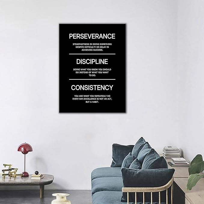 Inspirational Canvas Wall Art Perseverance Discipline Consistency Office Success Quotes Poster Wall Decor Motivational Picture Painting for Home Living Room Gym Stretched and Framed [18''W X 24''H]