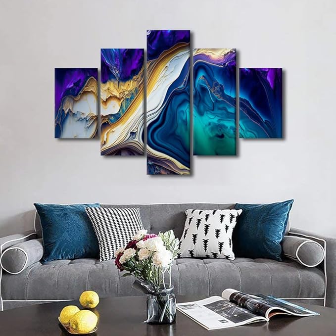 5 Panel Canvas Wall Art for Men Swirls of Multi Color Marble Poster Prints on Canvas Colorful Abstract Canvas Wall Art Printing Liquid Marble Texture Picutre for Lady Living Room Decor 60x40 in