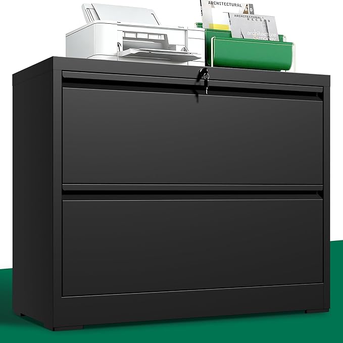 2 Drawer Lateral File Cabinet, Metal File Cabinets for Home Office Legal/Letter A4 Size, File Cabinet with 2 Drawer Storage Cabinet, Require Assembly, Black