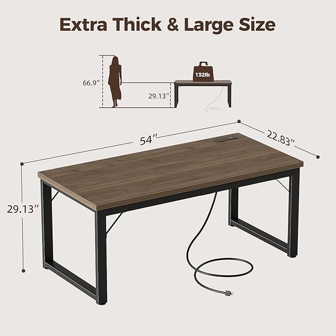 Mericonia 54 Inch Computer Desk with Power Outlets, 1.2" Thick Heavy Duty Industrial Office Desk, Modern Simple Study Writing Table for Home Office Bedroom Workstation, Walnut