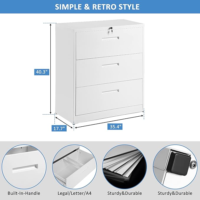 Lateral File Cabinet, 3 Drawers Metal Lockable Filing Cabinet for Commercial Grade Office Legal and Letter File (White)