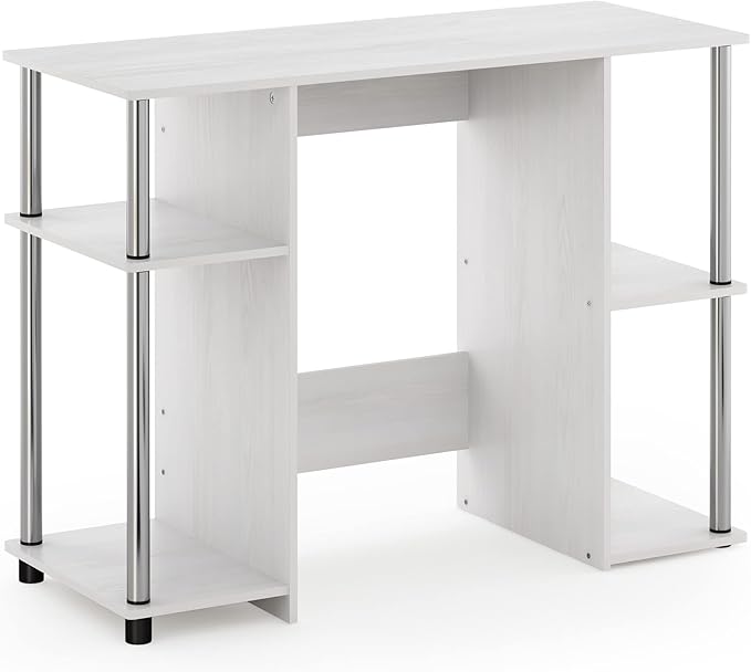 Furinno JAYA Desk, 38.4" Wide Gaming Desk, Computer Study Desk, Office Desk with Side Shelves, Open Storage, for Home Office, Bedroom, Dorm, Study Room, White Oak/Stainless Steel