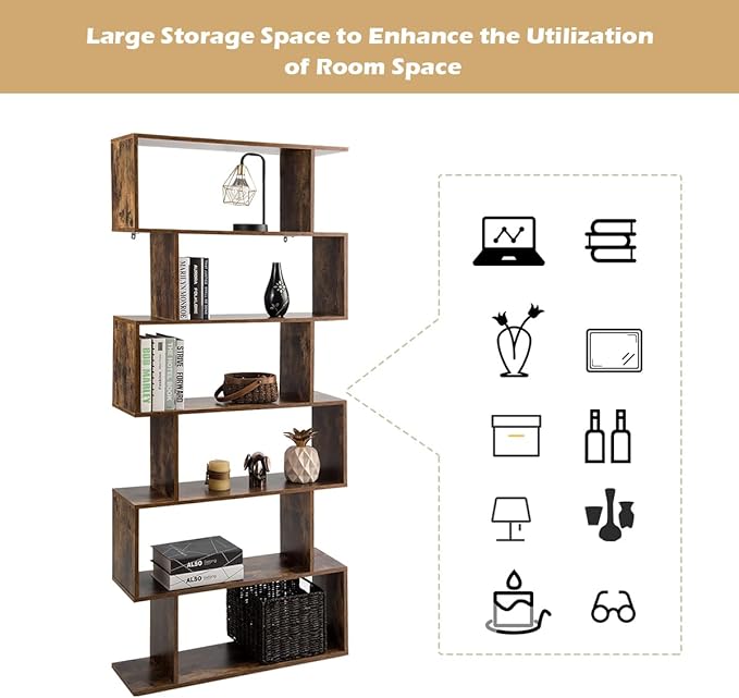 Tangkula 6-Tier Geometric Bookcase, Modern S-Shaped Storage Display Bookshelf for Living Room, Anti-Toppling Device, Home Office Wooden 6 Shelf Open Bookcase (2, Coffee)