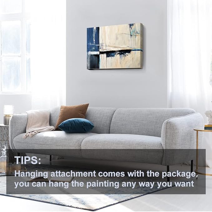 Large Abstract Canvas Wall Art Modern Geometric Art Paintings Blue Blocks and Lines Painted on Cream Background Elegantly Framed Artwork Pictures for Living Room Bedroom Wall Decor 30x20in