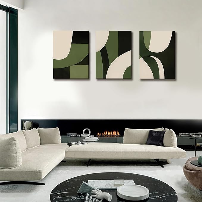 NCCXNCC 3-Pcs Abstract Geometric Canvas Wall Art in Green and Beige Line Artwork Paintings Minimalist Posters Print Medieval Modern Pictures Living Room Bedroom Office Wall Decoration 16x24 inch