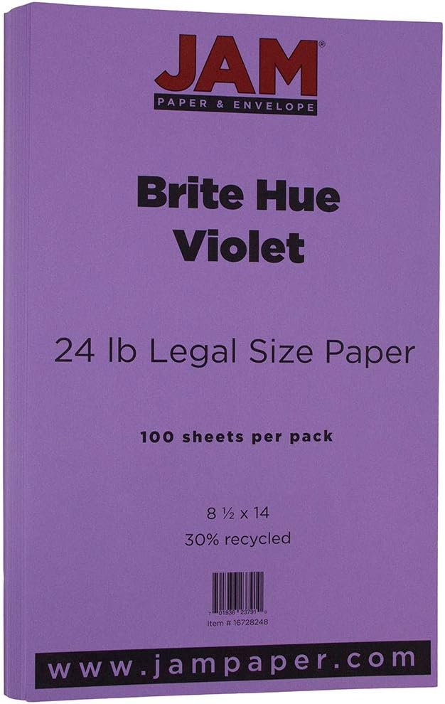 JAM PAPER Legal Colored 24lb Paper - 90 gsm - 8.5 x 14 - Violet Purple - 100 Sheets/pack