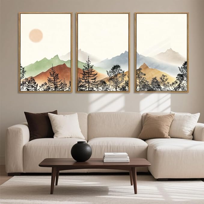BINCUE Large Boho Mountain Wall Art Framed,Beige Landcape Canvas Wall Decor,Watercolor Landscape Art Print Mountain,Abstract Forest Nature Painting for Home Living Room Bedroom Office 36x24 Inches