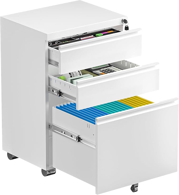 Incbruce File Cabinet with Wheels, 3 Mobile Drawer Metal File Storage Cabinet with 2 Locks, Rolling File Cabinet for Legal/Letter/A4 Size, Easy Assemble (White)