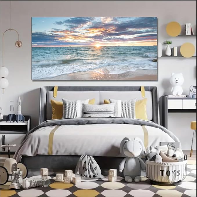 Yxbhhym-Large Coastal Wall Decor Beach Sunset Wall Art Ocean Room Decor Picture Seascape Canvas Prints Poster Waves Sea Artwork for Walls Landscape Painting Bedroom Living Room Office Decorations