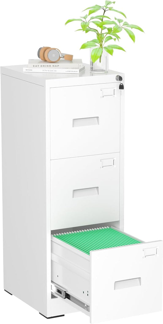 Superday 3 Drawer File Cabinets, 18” D Vertical File Cabinet with Lock, Locking Filing Cabinet for Home Office, White Metal Filing Cabinets for Hanging Letter/Legal Folders, Easy Assemble