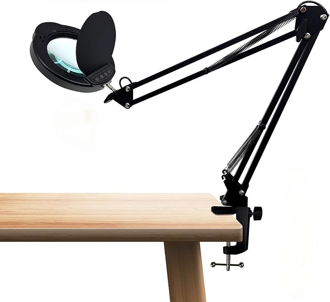 15X LED Magnifying Light, 5 Color Modes Dimmable LED Desk Lamp with Clamp, Long Arm Hands Free Desk Magnifier Light with Dust Cover for Crafts Hobby Painting Sewing Close Work