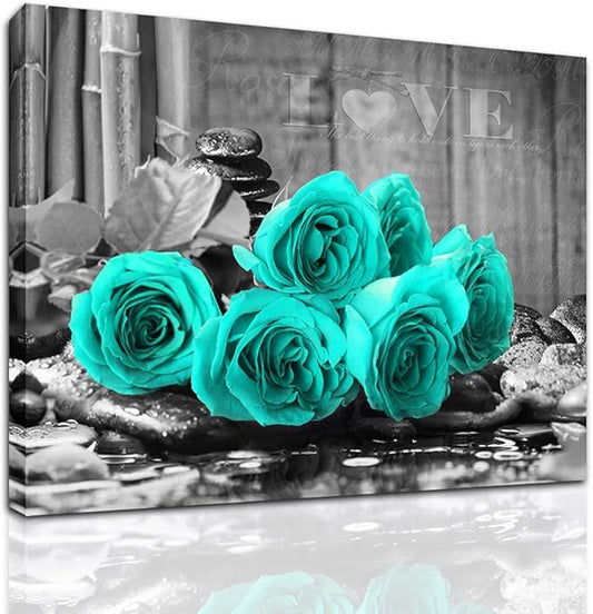 YMYXMC33 Teal Rose Flower Picture Decor Wall Art Canvas Print Black and White Poster Country Love Decoration Bedroom Kitchen Bathroom12x15