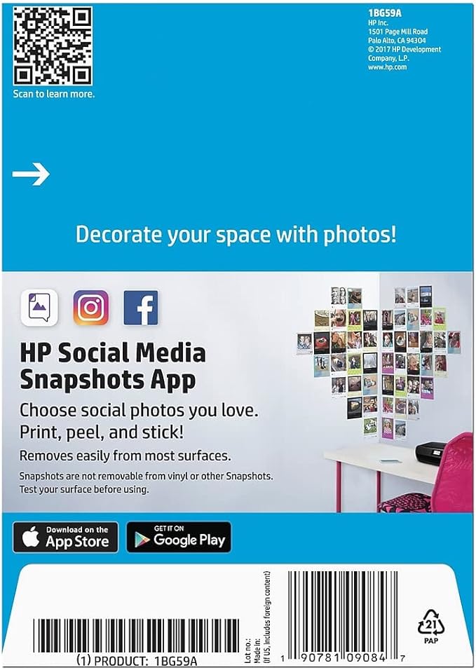 HP Photo Paper, Sticky Back Social Media Snapshots, (4x5 inch), 25 Sheets, Model:1BG59A