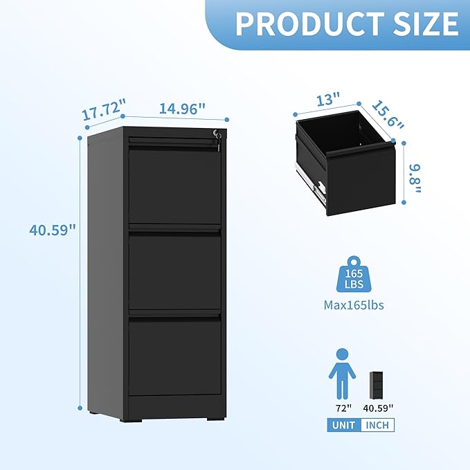 AQY 3 Drawer File Cabinet with Lock, Metal Filing Cabinets for Home Office, 18" Deep Vertical Storage Drawer for Hanging A4/Letter/Legal Size Files, Assembly Require