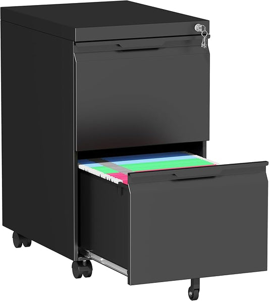 2 Drawer File Cabinet with Lock,Small Filing Cabinet for Home Office,Rolling Metal File Cabinets with Wheels for Letters/Legal/A4 Size, Assembly Required,Black
