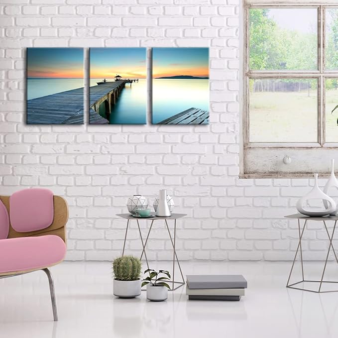 Wieco Art 3 Piece Seascape Canvas Prints Wall Art Sunset Ocean Beach Pictures Paintings for Kitchen Bedroom Home Wall Decorations Bridges over the Sea Modern Stretched and Framed Giclee Artwork