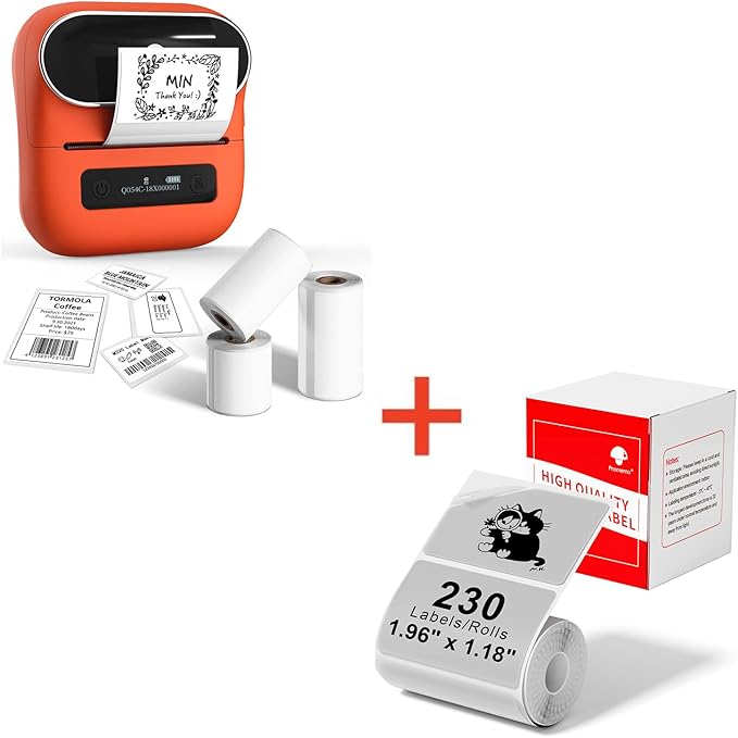 Phomemo M220 Label Maker Orange & 1 Roll Transparent Thermal Label 1.96"x1.18"(50x30mm), Upgrade 3 Inch Barcode Portable Printer, for Office & Small Business, Compatible with Phones&PC