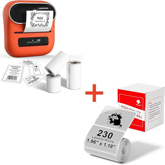 Phomemo M220 Label Maker Orange & 1 Roll Transparent Thermal Label 1.96"x1.18"(50x30mm), Upgrade 3 Inch Barcode Portable Printer, for Office & Small Business, Compatible with Phones&PC