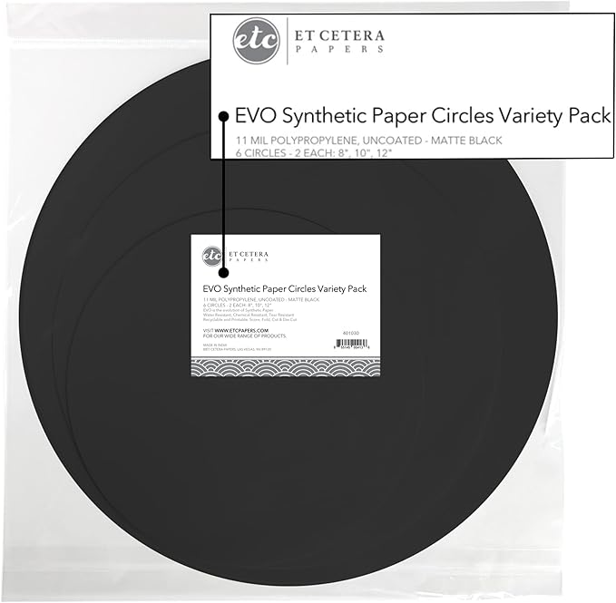 Alcohol Ink Synthetic Paper & Watercolor - Non-Absorbent, Heavy Weight & Tear Resistant - Forgiving - Many Inks Wipe Off Clean for Easy Reuse - Flexible Matte Black EVO Circles Variety Sizes (6 Pack)