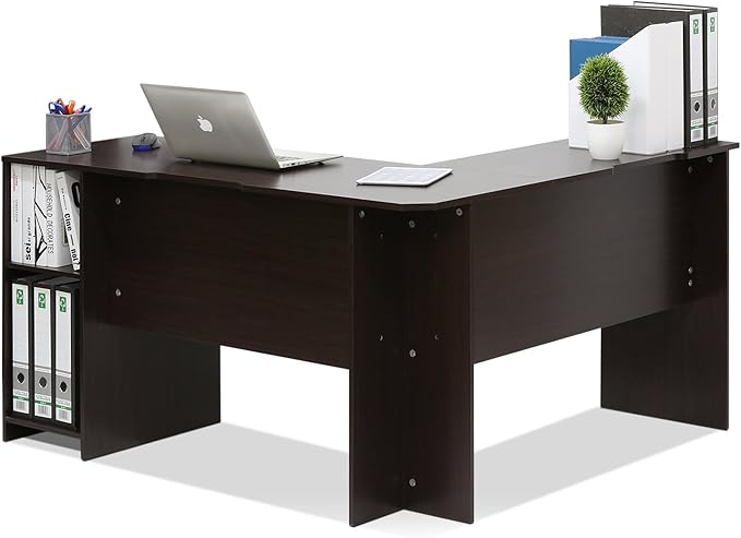 Furinno Indo L-Shaped Computer Desk with Bookshelf, Espresso