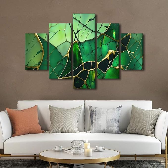 Abstract Canvas Wall Art Decor Modern Office Wall Art Green Colorful Glass Window Abstract Poster Prints 5 Panel Wall Art for Men Lady Living Room Decor Strethched and Framed Ready to Hang 60x40 in