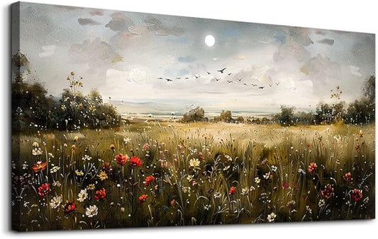Wapluam Large Wall Art Living Room Wall Decor for Bedroom Wildflower Field Vintage Wall Art Canvas Prints Paintings Farmhouse Artworks Pictures Modern Aesthetic Home Wall Decoration Ready To Hang