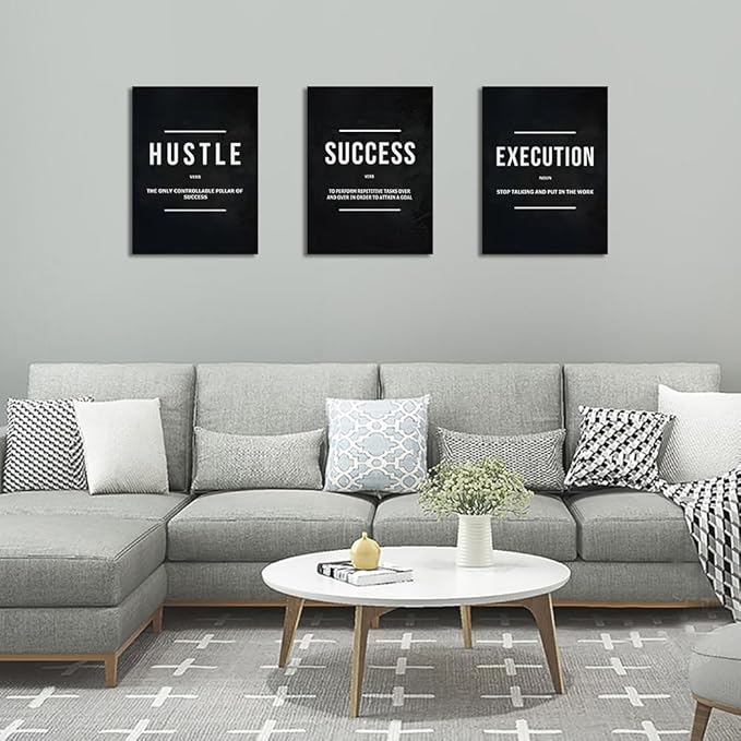 Unbruvo Hustle Success Execution Wall Art for Office, Inspirational Motivational Wall Decor, 3 Pieces Positive Quotes Canvas Wall Art for Entrepreneur Living Room Bedroom(48''Wx 24''H)