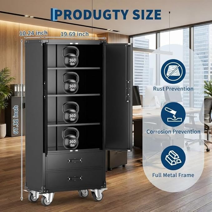 71" Heavy-Duty Metal File Cabinet with Lockable Drawers & Doors, Adjustable Shelves for Letter/Legal/F4/A4 Size, Easy Assembly for Home Office Garage Storage Cabinet, Black